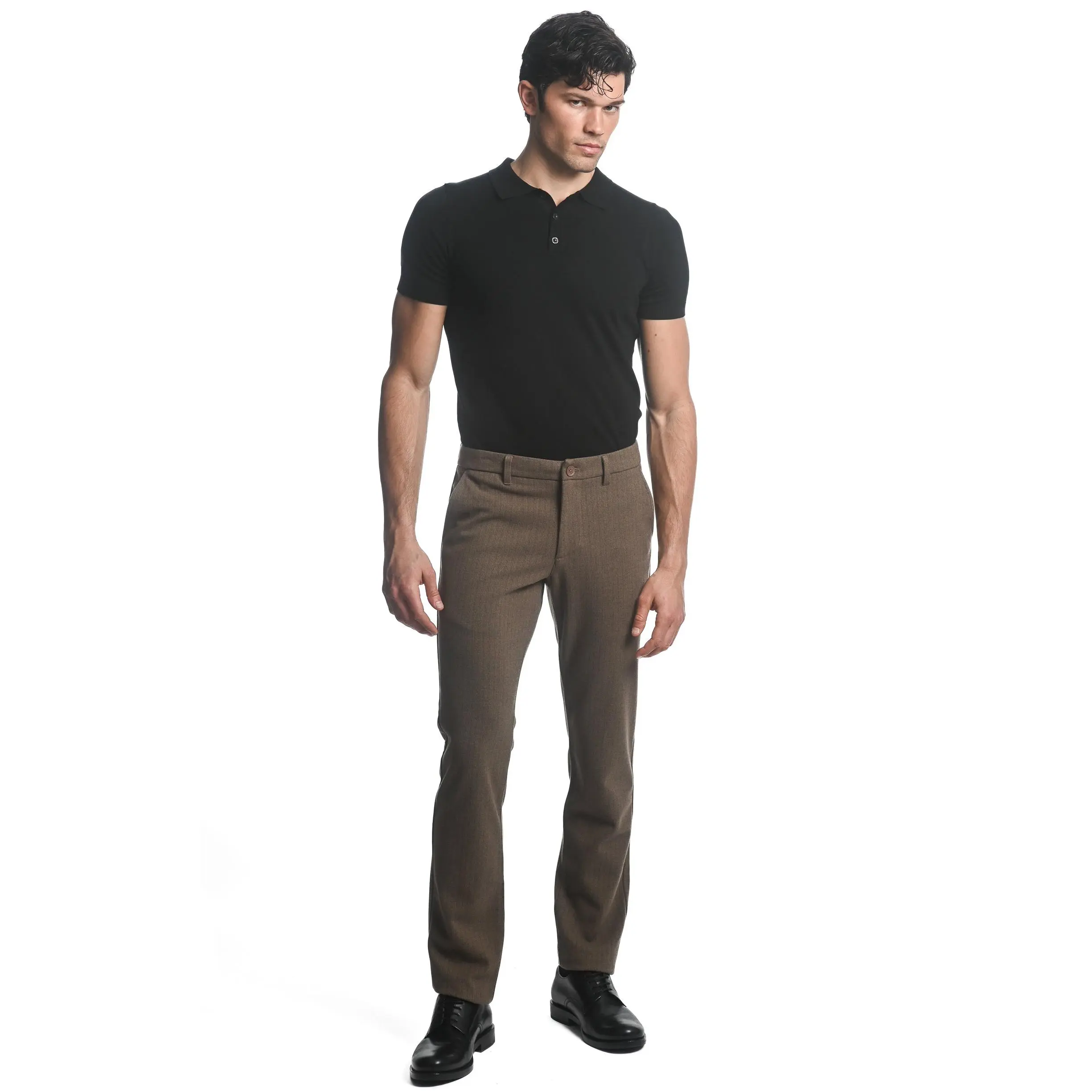 Tan/Brown Pinstripes Stretch Knit Pinstripe Wool Look Tailored Pants