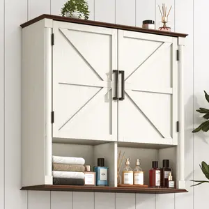 Farmhouse Bathroom Storage Cabinet,Wooden Bathroom Wall Cabinet with Roman Column Decor, Farmhouse Medicine Cabinets with Barn Doors,Storage Cabinets Wall Mounted for Kitchen(White/Brown)