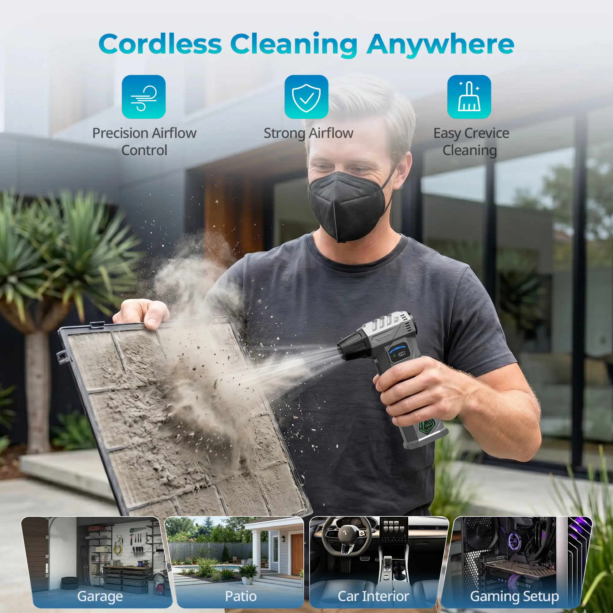 Cordless Handheld Electric Air Duster, 150000RPM Turbo Jet Fan, 8000mAh Rechargeable Blower with LED Light & Smart Display, Powerful Cleaner for PC Keyboard, Car Interior, Cordless Handheld Blower