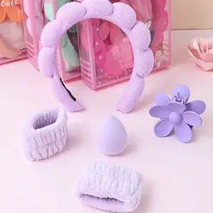 5-Piece Bath & Party Set, Sponge Headbands & Wristbands, Absorbent Beauty Sponges, Floral Hair Clips, Gift Box Packaging