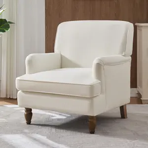 Vintage Upholstered Linen Fabric Armchair with Antique Solid Wood Legs, Accent Chair Single Sofa Chair for Living Room, Bedroom,Cream