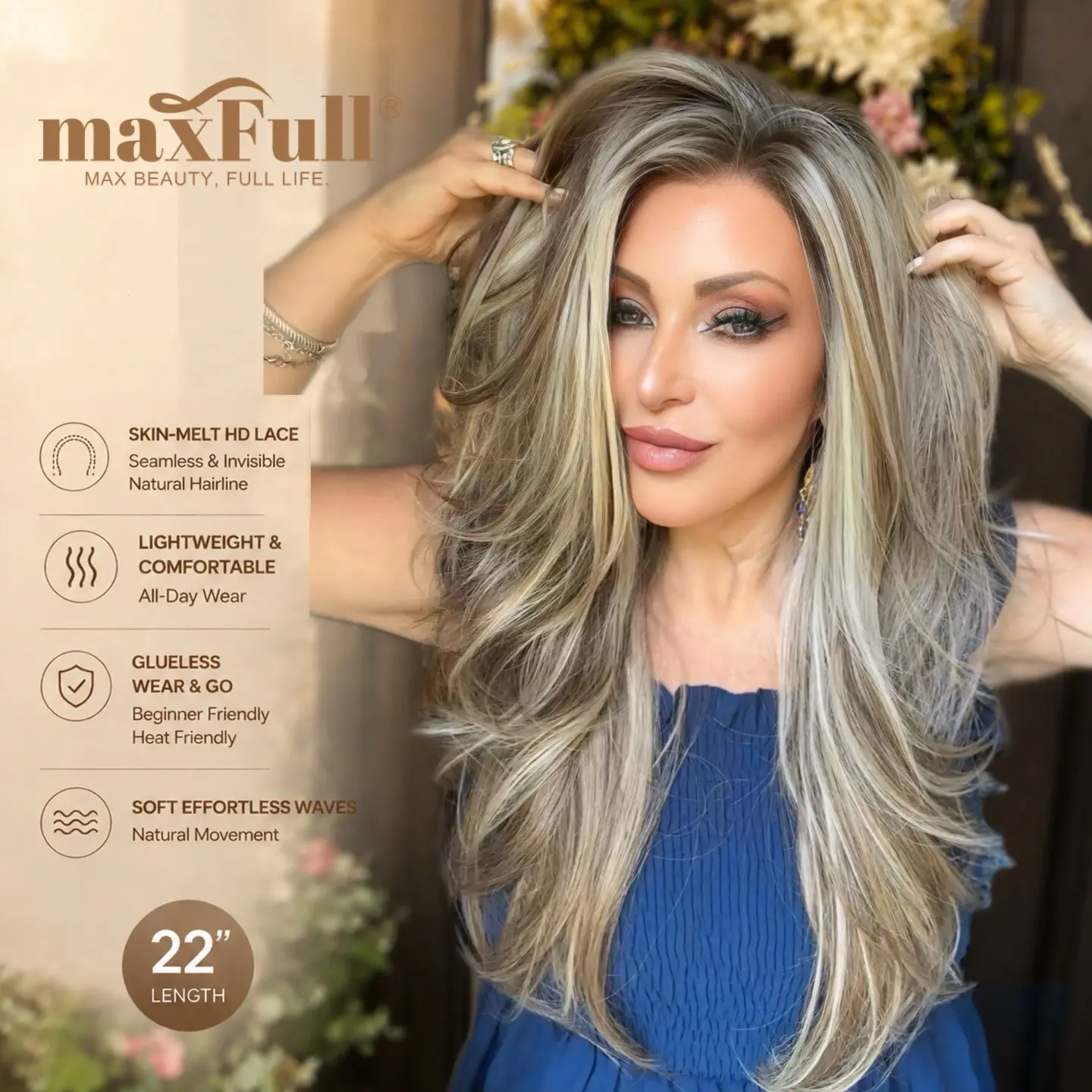 Valeria - MaxFull Dark Ash Brown Wig | Platinum Blonde Chunky Highlights, Pre-Cut 13×5 Skin-Melt HD Lace, Free Part, Face-Framing Layered, Soft Effortless Waves Wig