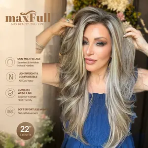 Valeria - MaxFull Dark Ash Brown Wig | Platinum Blonde Chunky Highlights, Pre-Cut 13×5 Skin-Melt HD Lace, Free Part, Face-Framing Layered, Soft Effortless Waves Wig