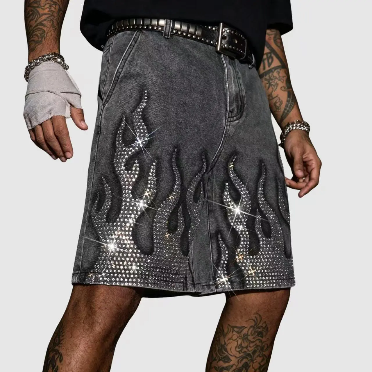 Men's High Cotton Y2K Rhinestone Flame Denim Shorts, Retro Washed Gray Jean Shorts with Sparkly Crystal Fire Pattern, Grunge Streetwear Casual Jorts for Men