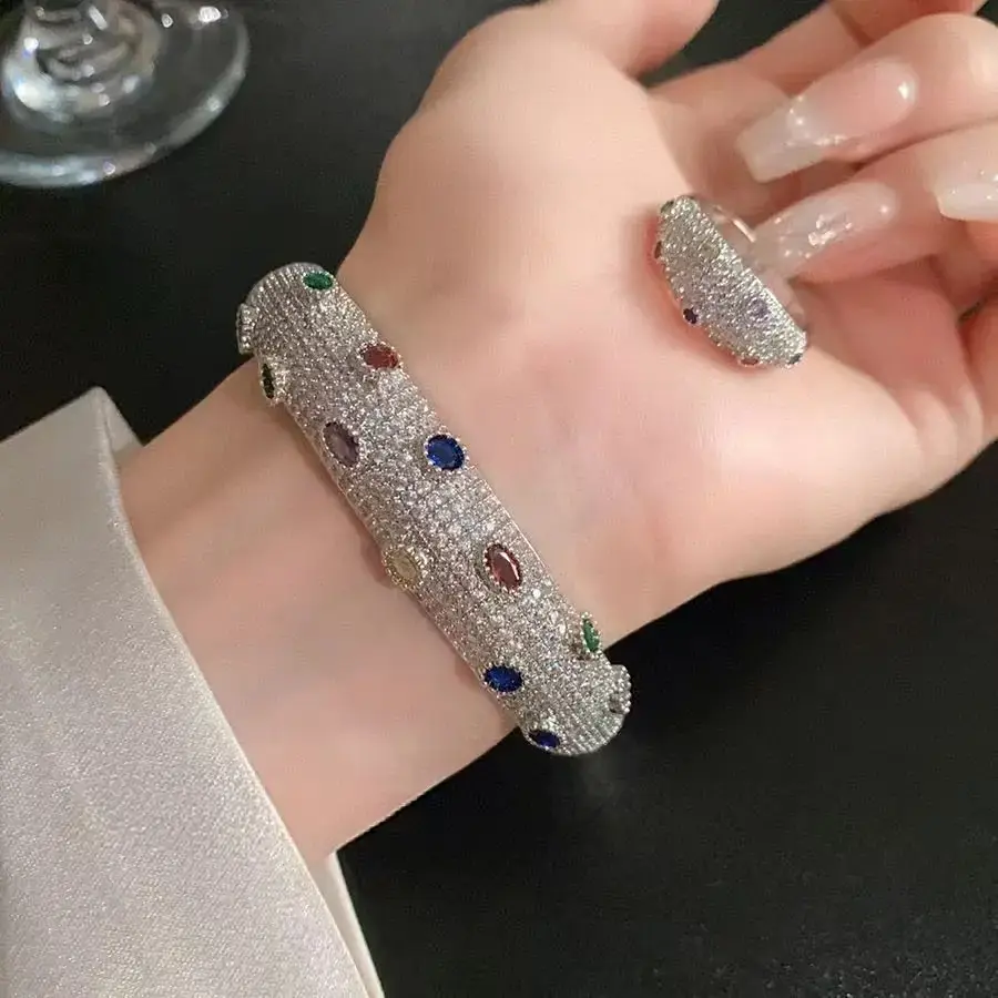 Rainbow Zircon Bangle & Ring Set for Women, Gold-Plated Stainless Steel Matching Jewelry, Stackable, Adjustable & Tarnish-Resistant, Matching Set Bracelets & Bangles, Stacked Statement Bracelets & Bangles