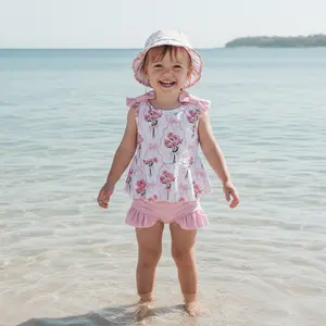 3Pcs Toddler Girl Swimsuit Set Sleeveless Crew Neck Floral Print Bow Decor Tops Bikini Bottoms and Hat Swimwear