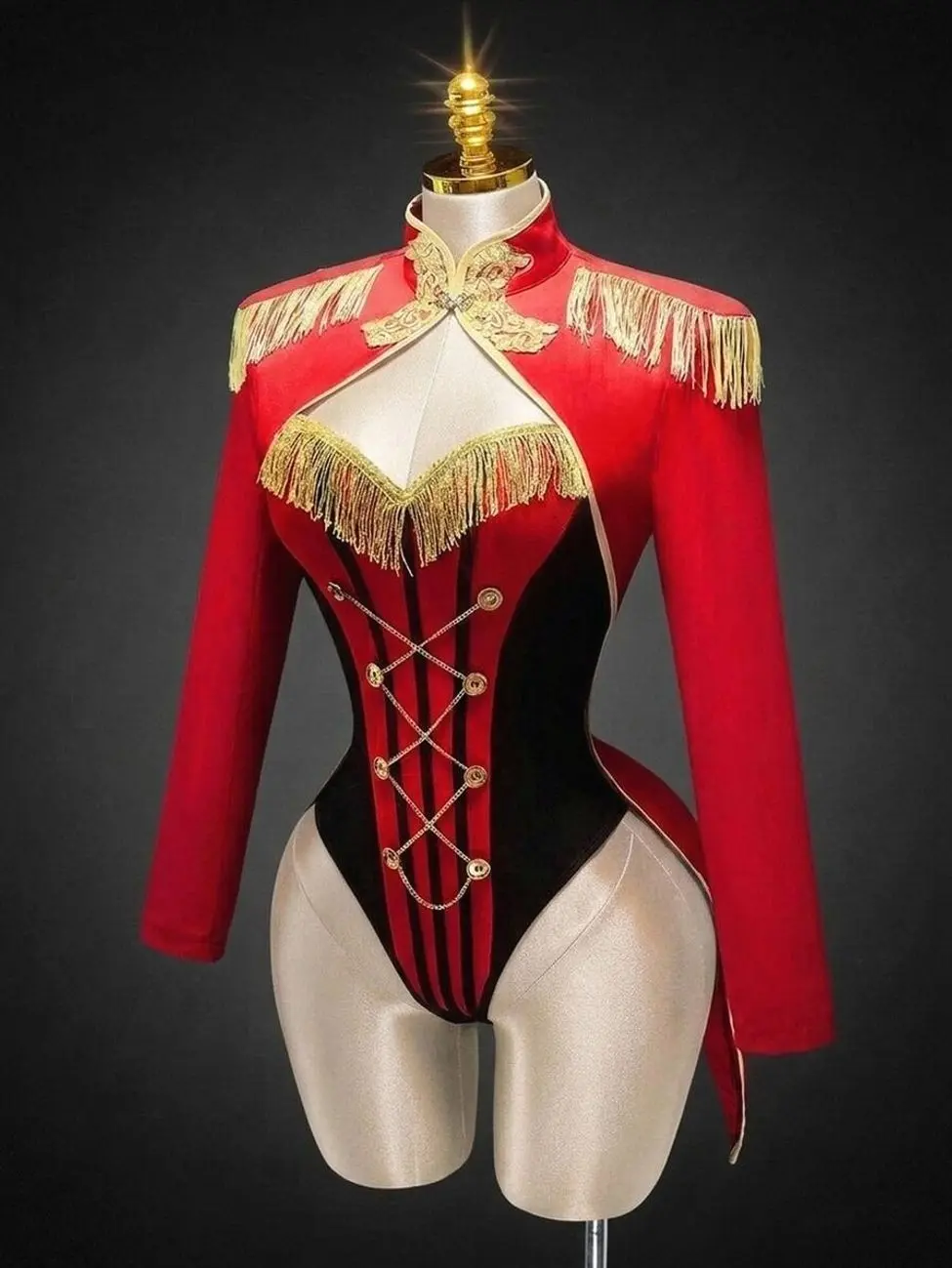 Vintage Style Red Ringmaster Tailcoat Jacket, Women's Fitted Mandarin Collar Costume Blazer, Gold Fringe Detail for Themed Parties and Cosplay