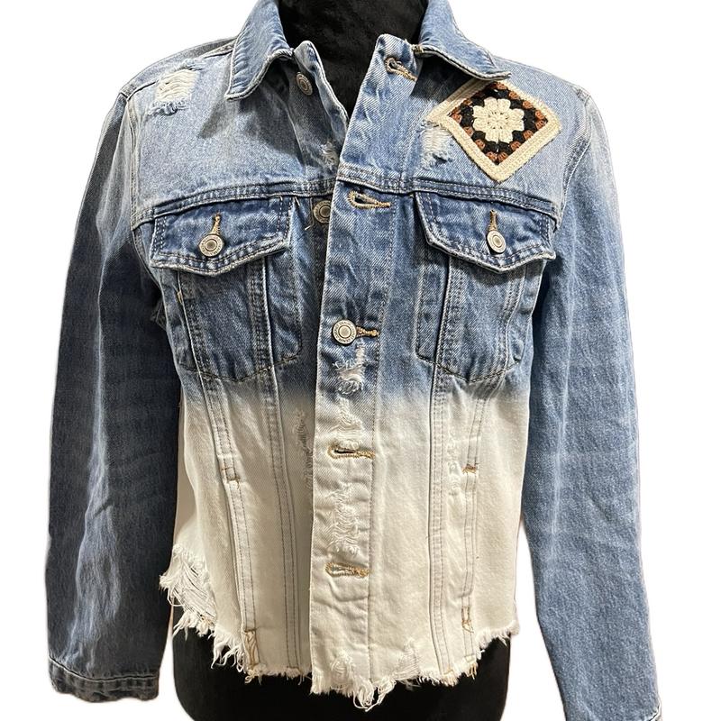 Women's Ombré Raw Hem Denim Jacket with Black, Brown and Ivory Crocheted Squares - Womenswear, Coats