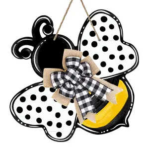 Bumble Bee & Polka Dot Pattern Wooden Hanging Sign, 1 Count Bowknot Decor Hanging Plaque, Wall Hanging Decor for Home Front Door Outdoor Garden