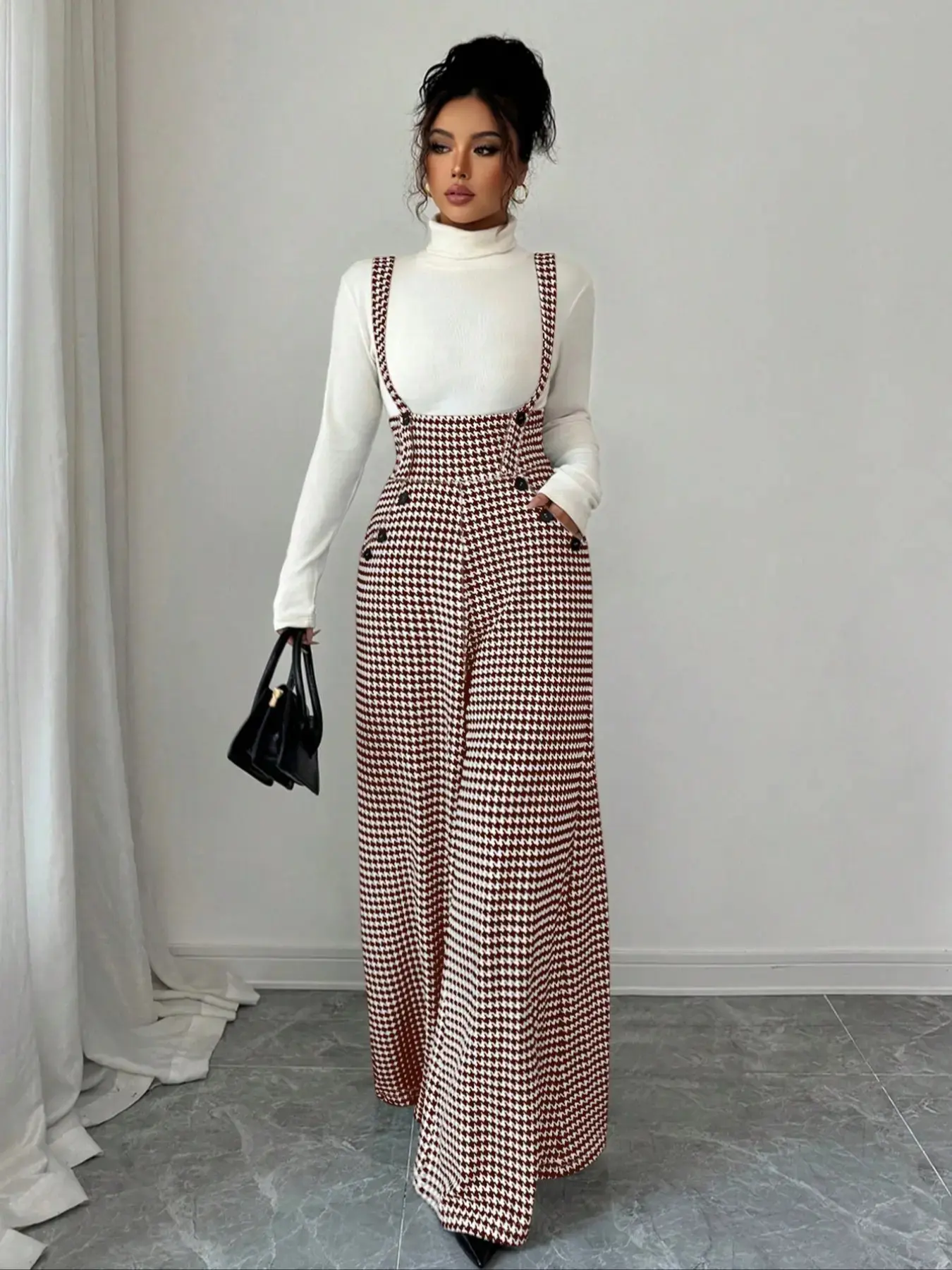 Women's Knitted Plaid Print Houndstooth Wide Leg Pants, Front Pocket Button Design, Fashionable Elegant Daily Commuter Overalls, Fall Winter, Womenswear
