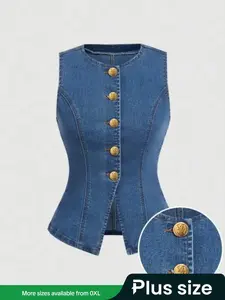 Women's Sleeveless Denim Vest Top with Gold Button Details, New Business Casual Women's Wear for Fashionable, Womenswear, Sleeveless Vests