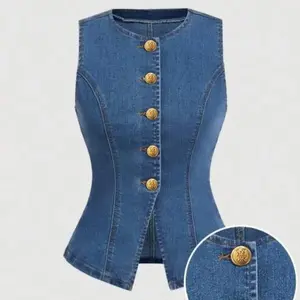 Women's sleeveless denim vest with gold button details, fashionable new business casual women's clothing, women's clothing, sleeveless vest