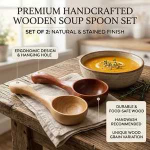 2 PCS Wooden Bath Salt Scoop Set, Large Solid Wood Kitchen Ladle Spoon for Soup, Cooking, Flour, Sugar Canisters, Multipurpose Natural Wood Serving Spoon, Eco-Friendly Rustic Kitchen Utensils, Durable Handcrafted Wooden Scoop for Home Use
