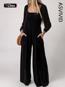 Women's Plain Ruched Shirred Pocket Wide Leg Jumpsuit, Casual Bishop Sleeve Square Neck Jumpsuit for Spring & Fall, Ladies Clothes for Daily Wear