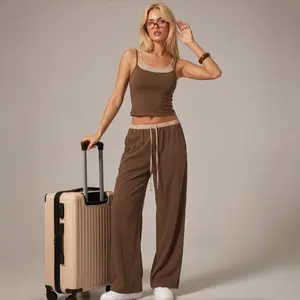 TCVC Women's Knitted Camisole High Waist Wide Leg Pants Four Seasons Suit Double Layer Lining Top Fashionable and Comfortable Suitable for Outdoor Sports Daily Travel Shopping Gatherings Vacations and Travel Womenswear