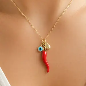 Italian Red Horn Necklace, 14k Gold Plated Cornicello Good Luck Pendant, red chile necklace, Italian Amulet Protection, Cornicello jewelry