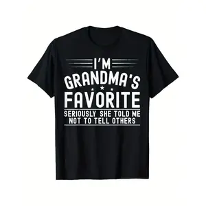 I'm grandma'S Favorite Seriously She Told Me Family Boys Girls T-Shirt, 100% Cotton, Single Side Printed, Black Short Sleeve T-shirt, Birthday Festivals Gift for Men Women Family Friends, S-XXXL, 1pc, Fabric Weight  double  Y2K Streetwear Graphic Tee
