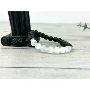 Selenite Bracelet with Black Lava Beads - Essential Oil Bracelet - Diffuser Bracelet