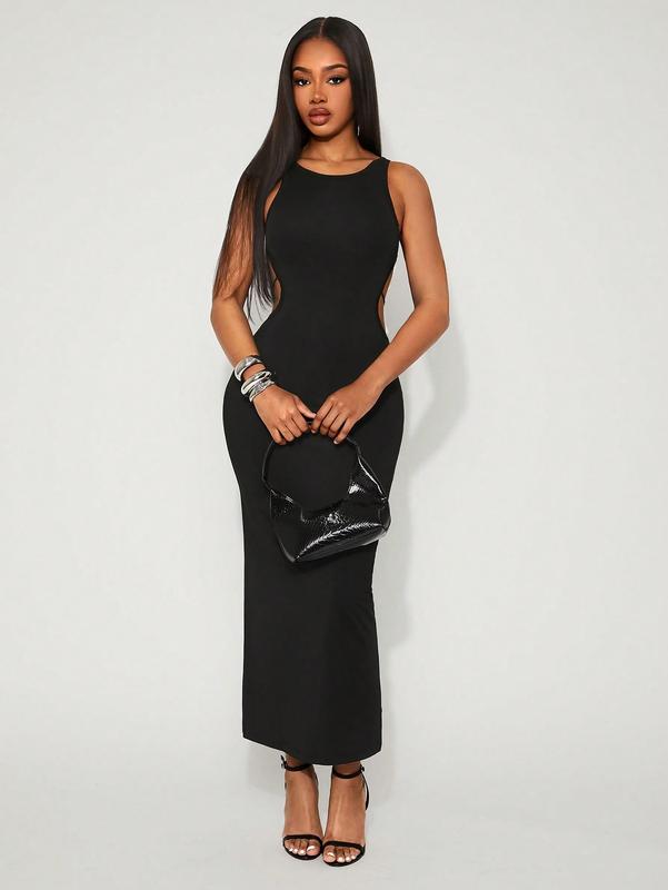 Black Knit Sleeveless Maxi Dress for Women, Round Neck Pencil Style with Crisscross Backv