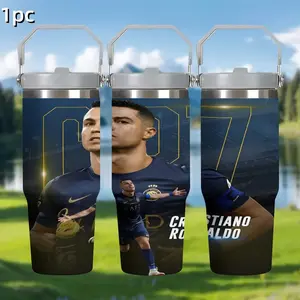 1pc 30oz Portable stainless steel insulated cup Cristiano Ronaldo theme pattern, featuring his iconic jersey number, celebration moments,with luxurious gold and team,Multiple patterns are available for selection,Ideal Holiday Gift