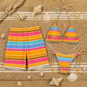 Melon Stripe Bikini Set, Colorful Striped Swimsuit, Y2K Summer Beachwear, Triangle Bikini with Shorts, Cute Vacation Outfit