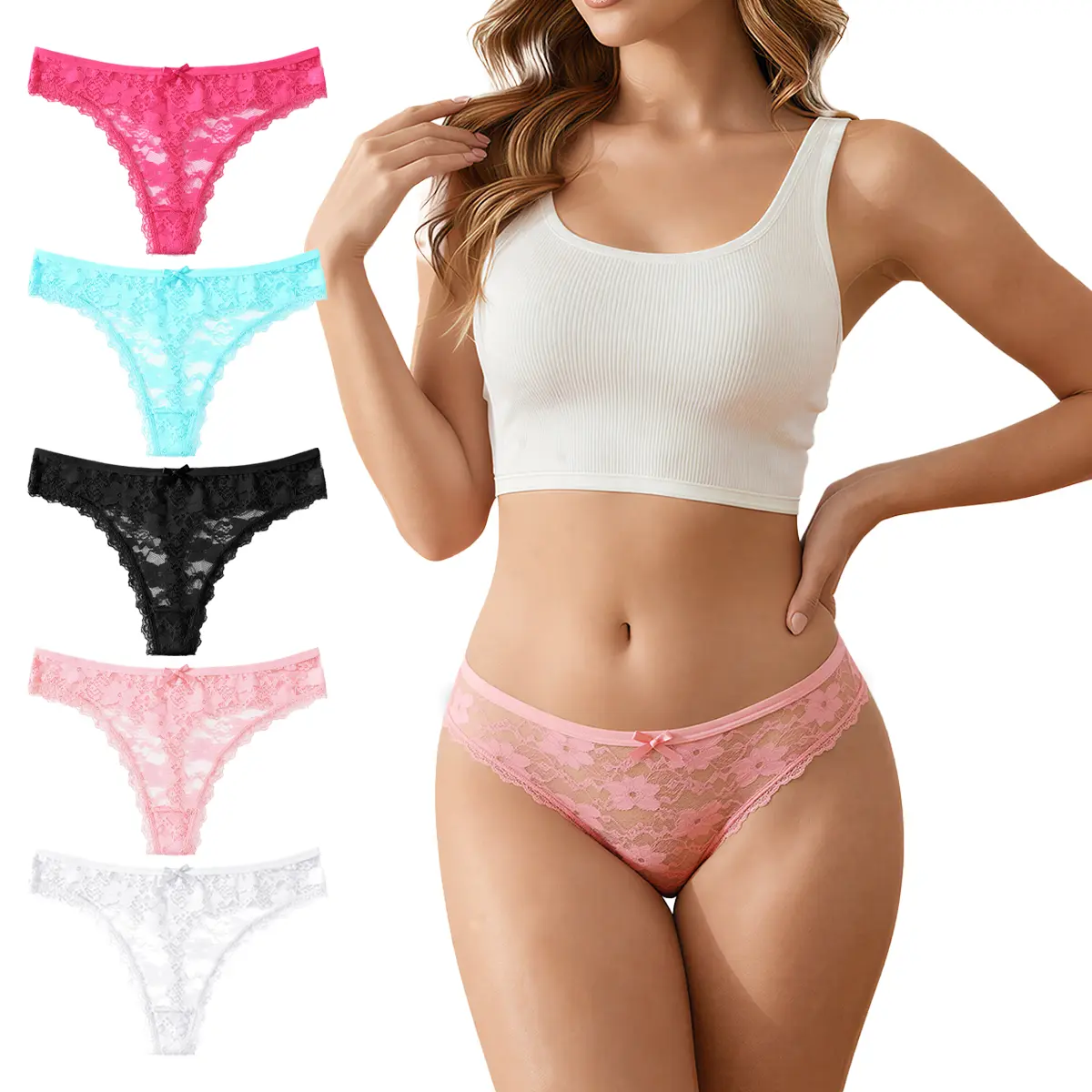 HOTCOM Women’s 5/4-Pack Lace Seamless Thongs – Soft Comfy Style, Breathable No-Show Everyday Underwear
