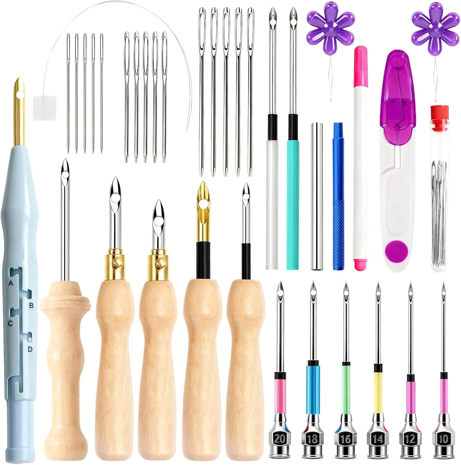 40Pcs Punch Needle Kit, Punch Needle Tool Adjustable Punch Needle Embroidery Kits Wooden Handle Embroidery Pen for Embroidery Floss Cross Stitching Beginner
