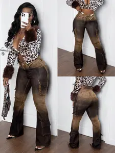 Women's V-Waist Gradient Brown Cargo Flare Jeans - Washed Denim Pants with Multi Pockets, Y2K Streetwear Slim Flare Fit Trousers