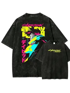 [BT] Men's Unisex Cyberpunk Edgerunners David Martinez Oversized Top T-Shirt - Short-Sleeve, Vintage Anime Graphic, Acid Wash Streetwear, Neon Yellow, Heavyweight Cotton Classic Fabric, Harajuku Apparel (Pairs with Jeans)