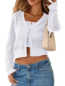 New Summer Autumn Hollow Out Knit Cardigan Women V Neck Tie Short Sleeve Fitted Soft Style Simple Office Casual Thin Versatile Sweet Hot Outerwear