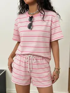 Women's Two-Piece Set Striped Short Sleeve T-Shirt and Drawstring Shorts, Casual Home Wear, Summer Comfort, Y2K Street Style