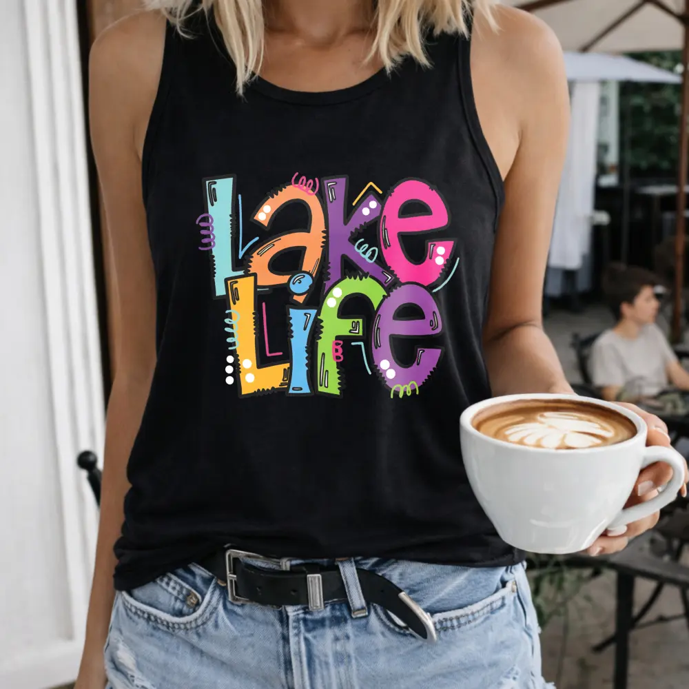 Women's Cotton Pullover T-Shirt - Lake Life Colorful Typography Design, Crew-Neck, Short-Sleeve Streetwear Fashion Outdoor Casual Vest, Tshirt