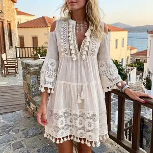 New Spring Embroidery Crochet Lace Bohemian Dress Women Elegant Off-the-shoulder Tassel Ruffle Mini Dress Summer V-neck Ladies Beach Dress Elegant Casual Womenswear