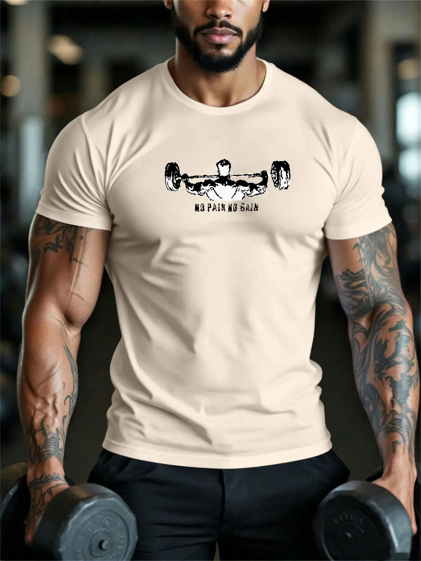 Summer Sporty No Pain No Gain Barbell Print Fitness T-Shirt, Men's Fitted Weight Training Short Sleeve Top, Athletic Wear