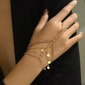 Golden/Silver disc pendant finger bracelet thick chain finger chain multi-layer back of hand chain ladies daily wear gift