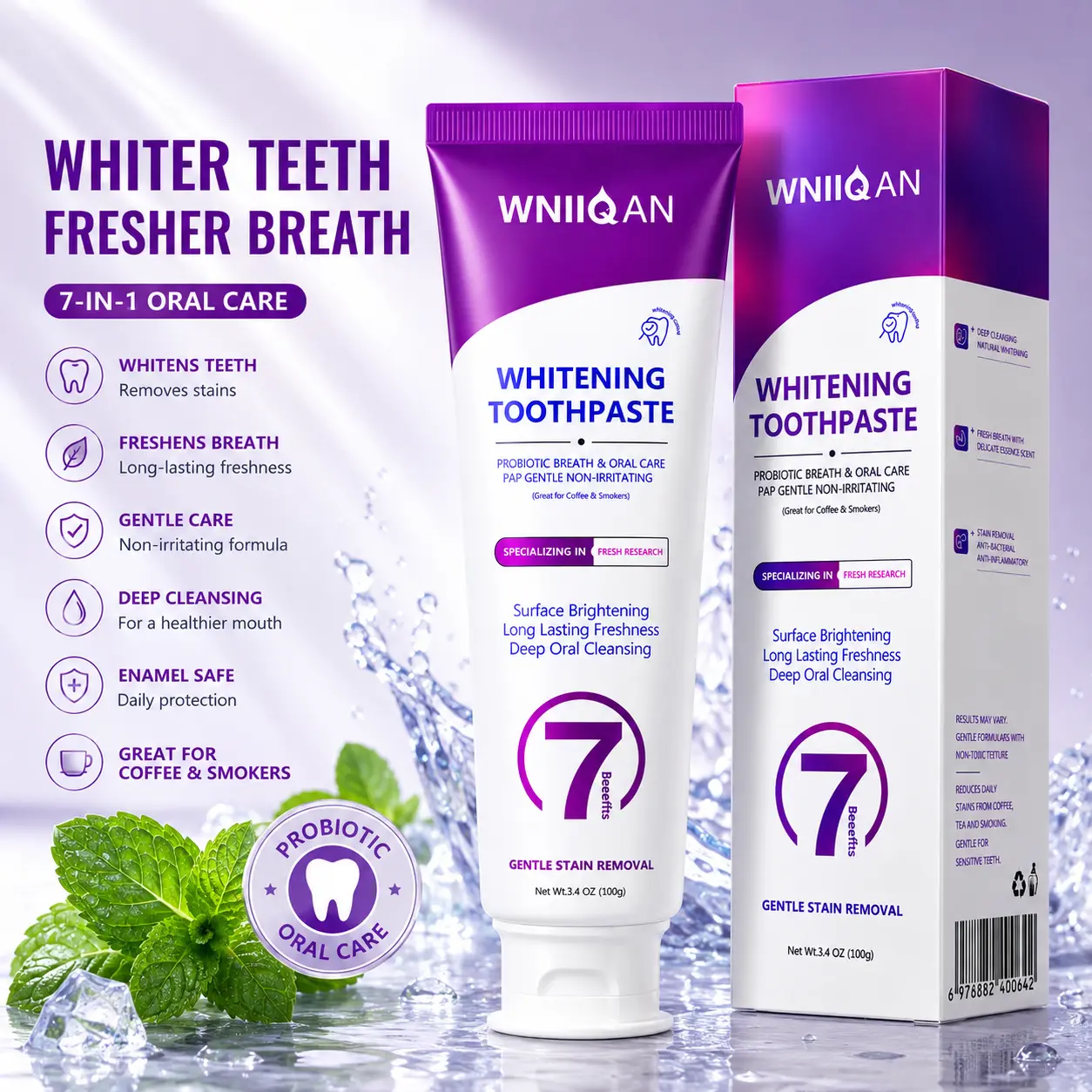 WNIIQAN Whitening Toothpaste 100g, Probiotic Breath & Oral Care, Gentle Stain Care, Deep Oral Cleaning, Long Lasting Freshness, Daily Toothpaste for Adults