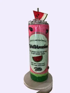 glittered watermelon tumbler with ice topper Drinkware Flasks Lid