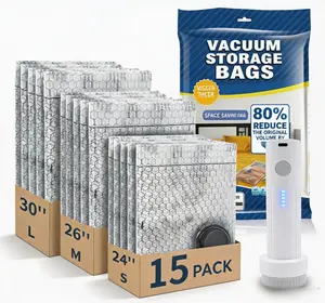 Vacuum Storage Bags with Cordless Electric Pump | 15-Pack Airtight Space Saving Sealed Organizers | Heavy Duty Bags for Travel Luggage, Moving & Closet Storage