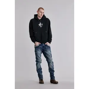 rr Men's Leon Straight Fit Jeans in Dark Wash Stretch Denim with Signature Fleur-de-Lis Embroidery and Leather Patch