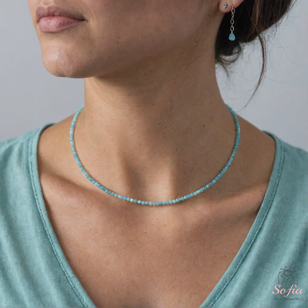 Delicate Larimar Beads Choker Necklace, Tiny Dainty Faceted Gemstone Beaded Necklace, Waterproof Crystal Beaded Choker, Dainty Minimalist Style for Women Handmade Adjustable, gift for her