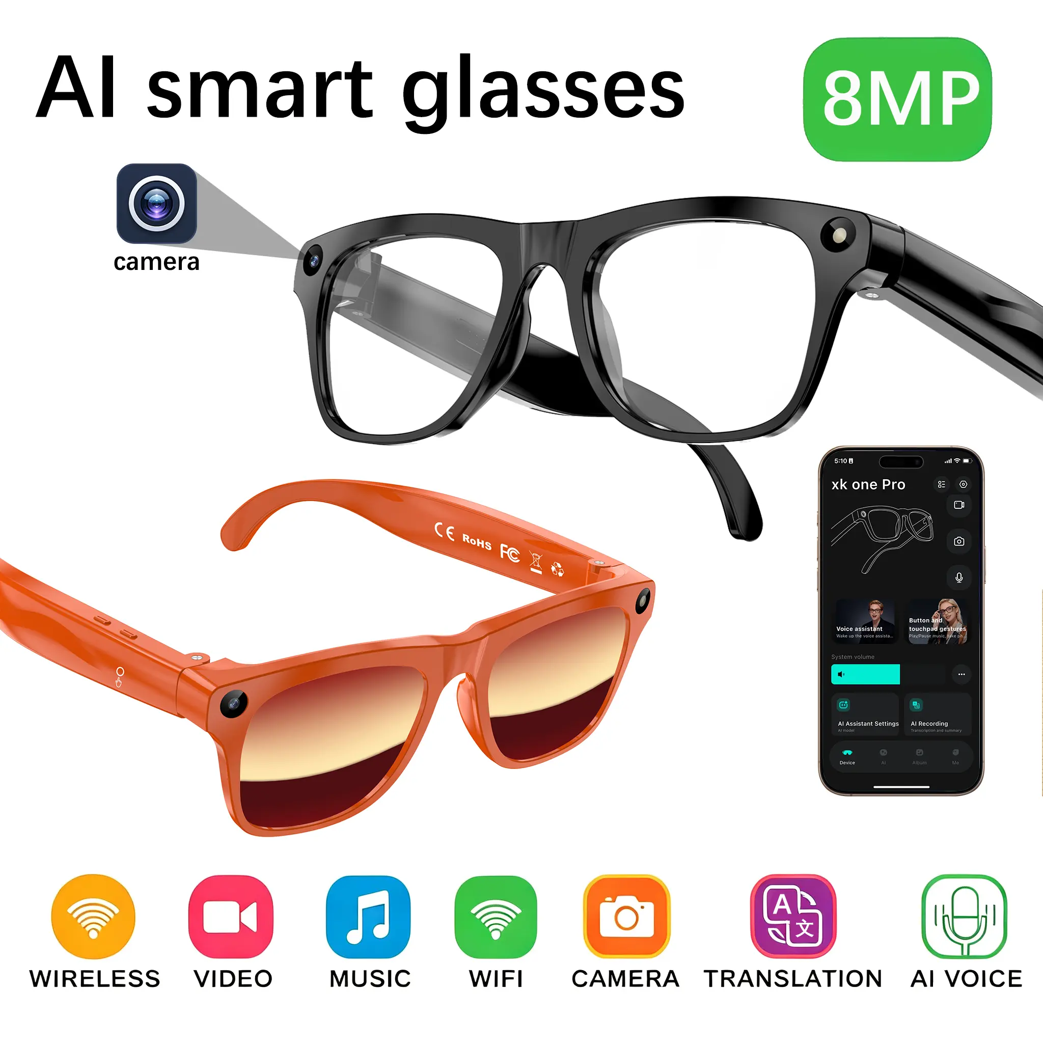 AI-Powered Smart Camera Glasses with 8MP Pro Camera, 1080P Video Recording, Real-Time Object Recognition & Translation, Bluetooth Voice Control, EIS Anti-Shake, Hands-Free for Vloggers & Travelers
