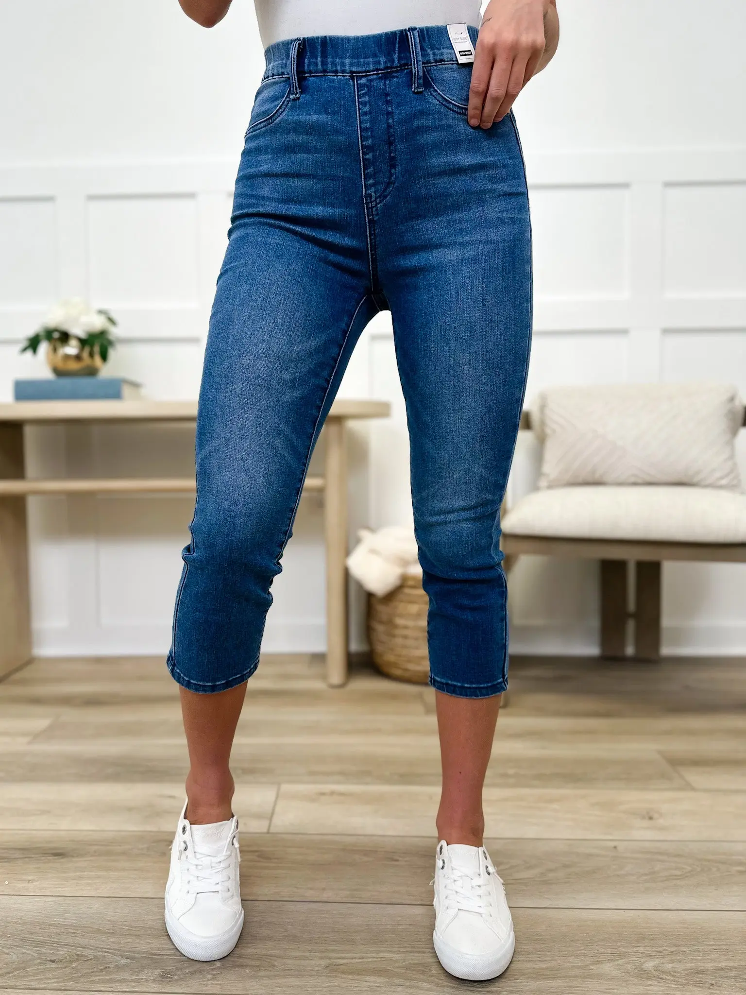 Judy Blue Elle High-Rise Skinny Capris | Comfortable Pull-On Stretch Denim with Moisture Control, Medium Wash
