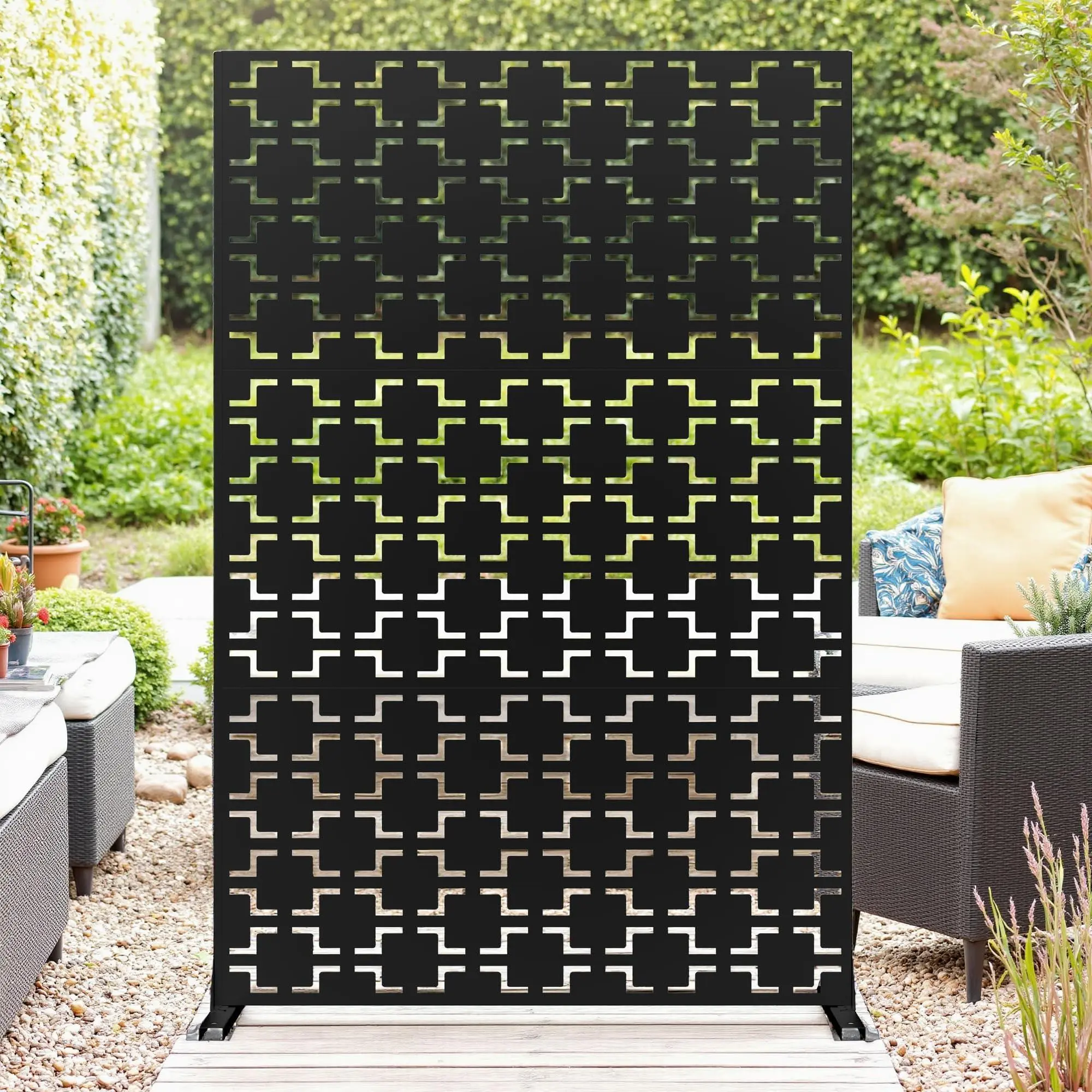 Black Square Metal Privacy Screen - 72x47" Freestanding Weatherproof Decorative Panel for Outdoor & Indoor Use, Easy Assembly