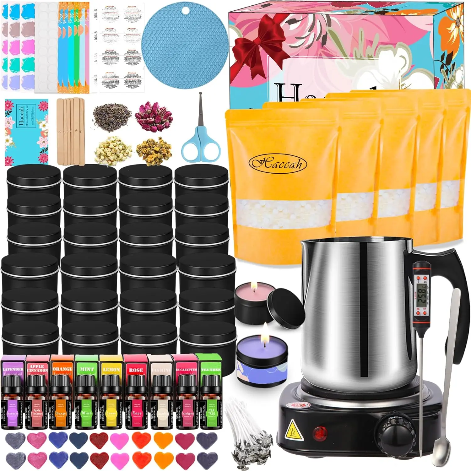 DIY Candle Making Kit with Wax Melter, 4.41 lb Beeswax, Fragrance Oils, Dyes, 24 Candle Tins and Wicks, Complete Candle Making Supplies for Adults