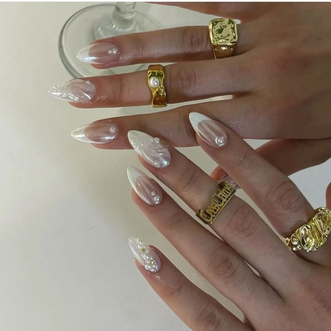 Liliana Nails Glazed Donut Hailey Bieber Chrome Almond 10pc Acrylic Handmade Press-On Nails, 3D Gel Nails, Floral Nail, Trendy Elegant Classy Nail reusable natural fit