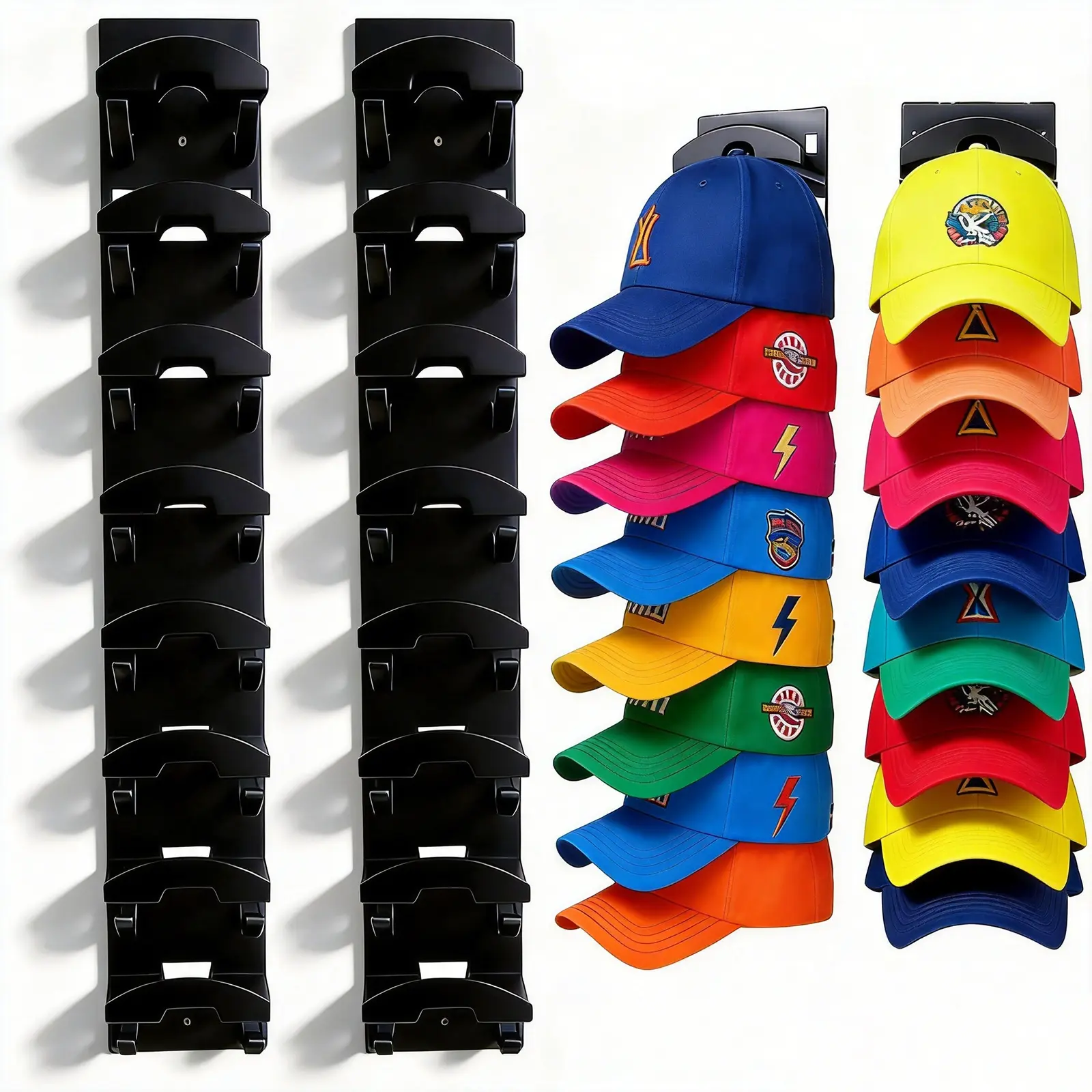 Hat Organizer for Baseball Caps, 2 Pack Strong Adhesive Hat Rack for Wall, Multilayer Hat Storage Display Holder, Wall Mounted Hat Hooks Hold up to 16 Hats for Closet Door and Bedroom
