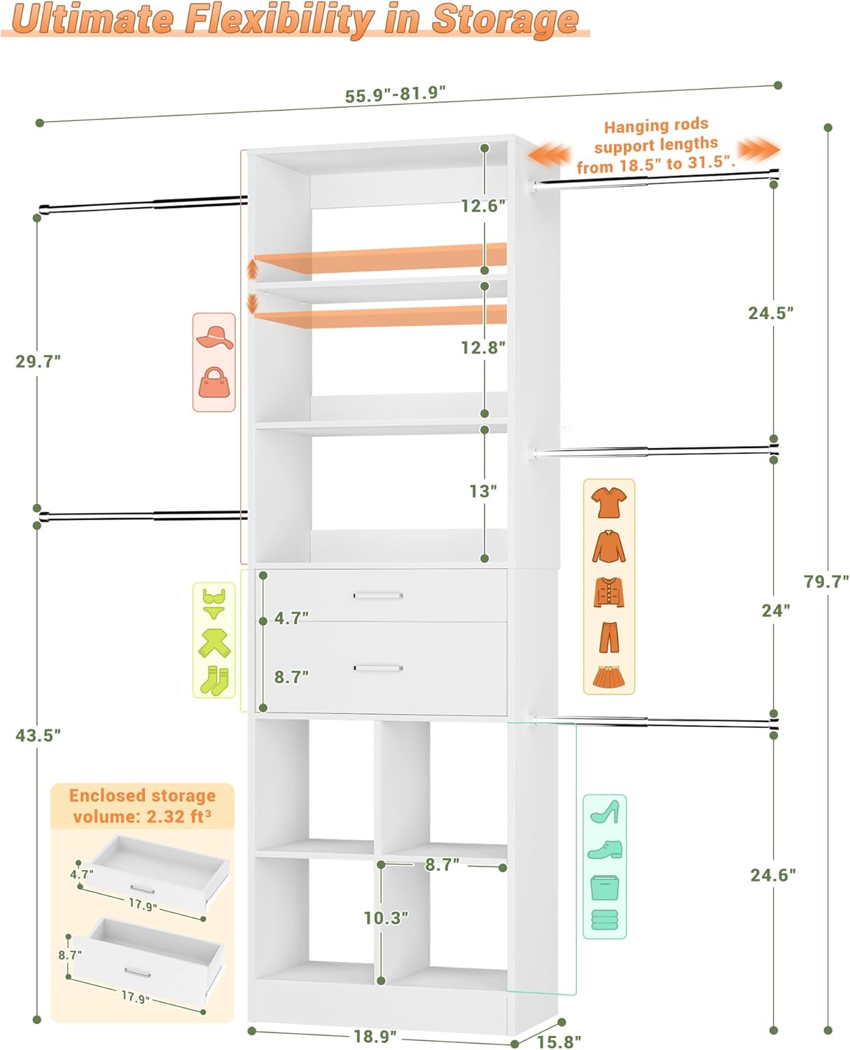 56''-81'' Adjustable Closet System for Reach-in/Walk-in/Built-in Closet Space, 3.2-6.8FT Small Closet Organizer Wardrobe Tower with 2 Wooden Drawers & 5 Expanable Hanging Rods