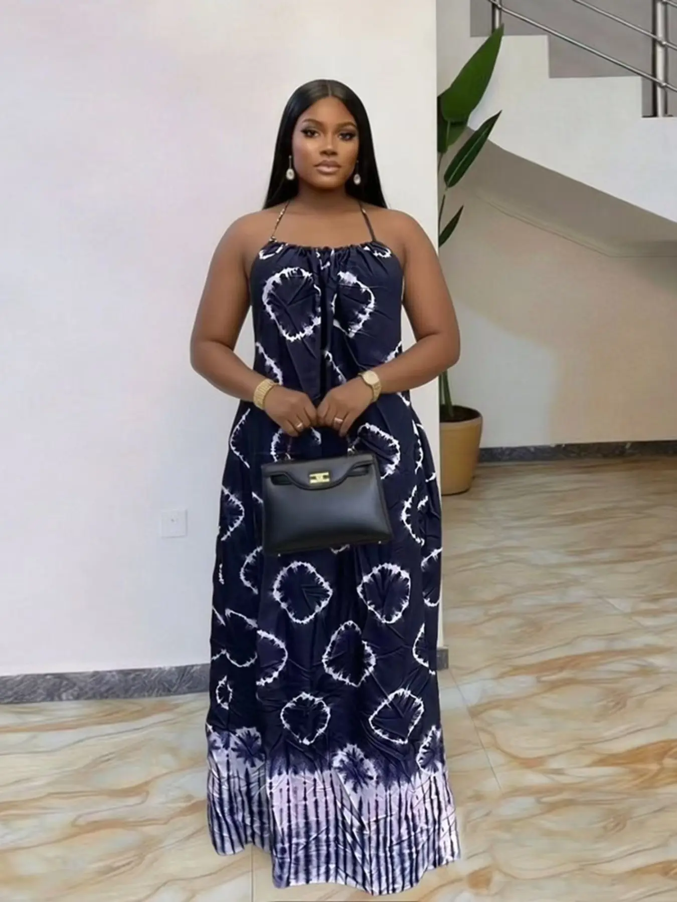 Plus Size Women's Sexy Elegant Summer Halter Ethnic Print Waist Cinch Loose Dress, Beach Party Dress, Elegance