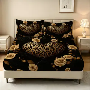 3Pcs Leopard and Heart Printed Fitted Sheet Set, Fashion Bedding Set, Soft Polyester Fabric, Deep Pocket Design, Machine Washable, Fade Resistant, All Season Universal, Perfect for Couple Bedroom Decoration