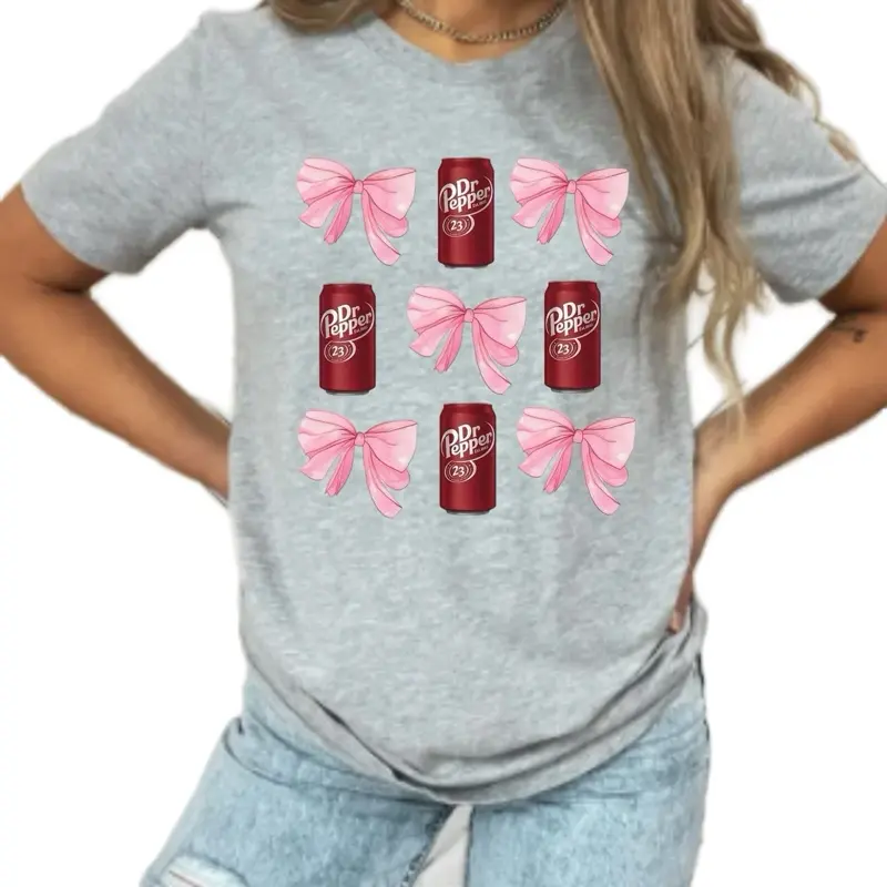 Women's Soft Dr. Pepper & Pink Bow Casual Crewneck Short-Sleeve T-Shirt - Gray Fabric, Stylish Fit, Versatile for Love & Day Occasions, Pairable with Skirts, Comfortable Womenswear Top